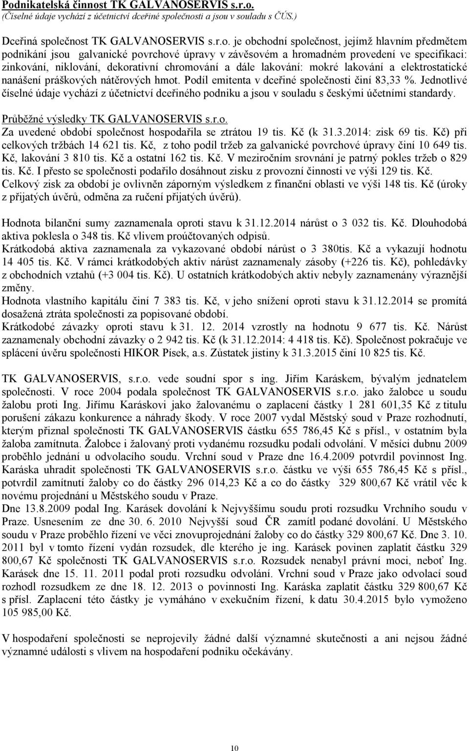 elektrostatické nanášení práškových nátěrových hmot. Podíl emitenta v dceřiné společnosti činí 83,33 %.