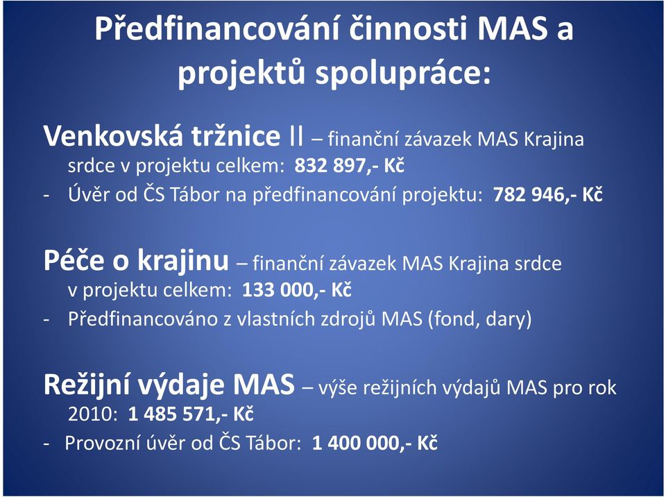 finanční závazek MAS Krajina srdce v projektu celkem: 133 000,- Kč - Předfinancováno z vlastních zdrojů MAS