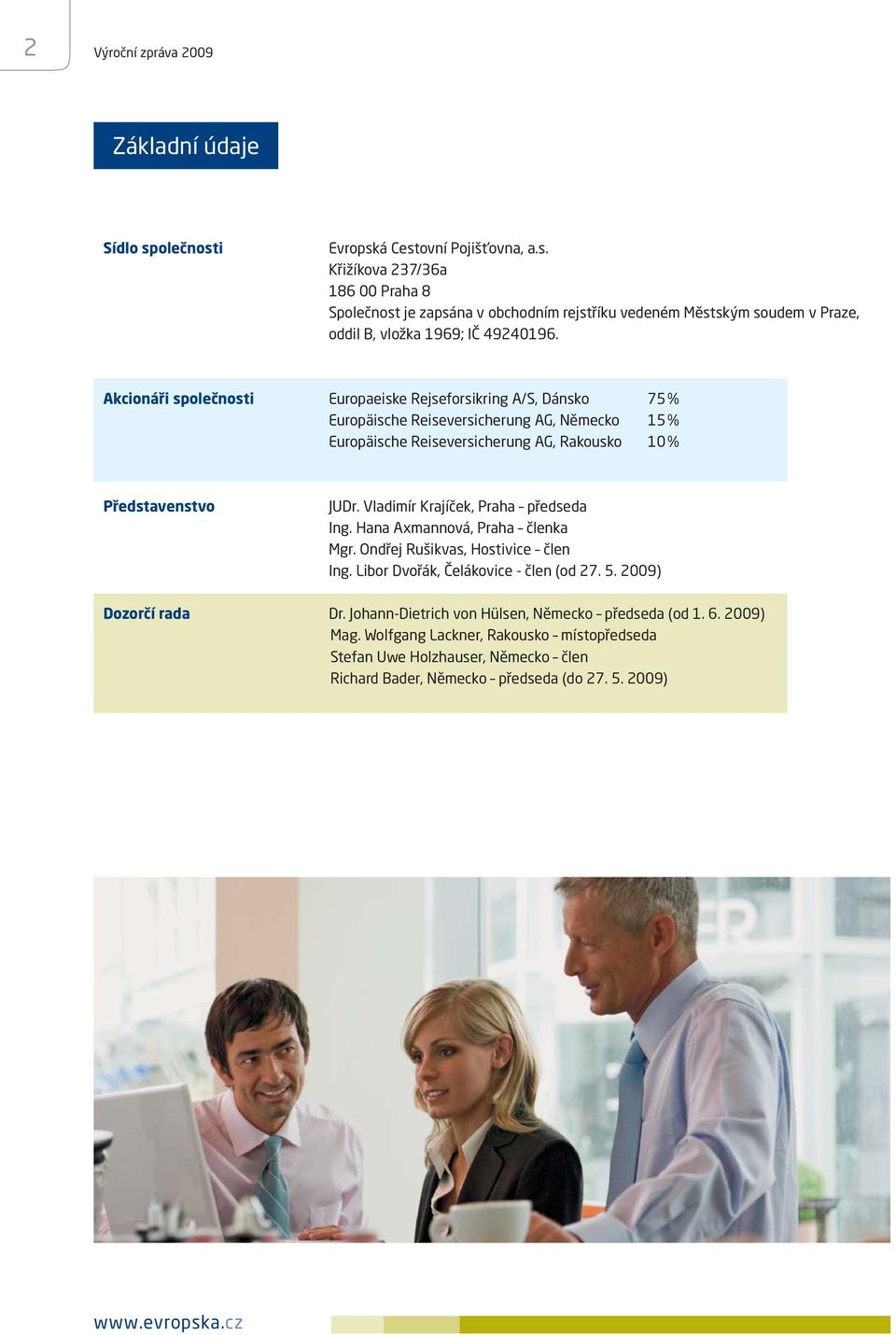 Vladimír Krajíček, Praha předseda Ing. Hana Axmannová, Praha členka Mgr. Ondřej Rušikvas, Hostivice člen Ing. Libor Dvořák, Čelákovice - člen (od 27. 5. 2009) Dozorčí rada Dr.