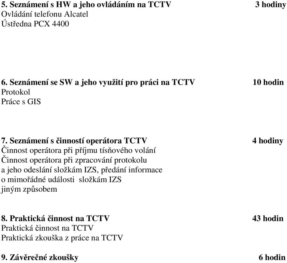 Seznámení s činností operátora TCTV 4 hodiny Činnost operátora při příjmu tísňového volání Činnost operátora při zpracování protokolu