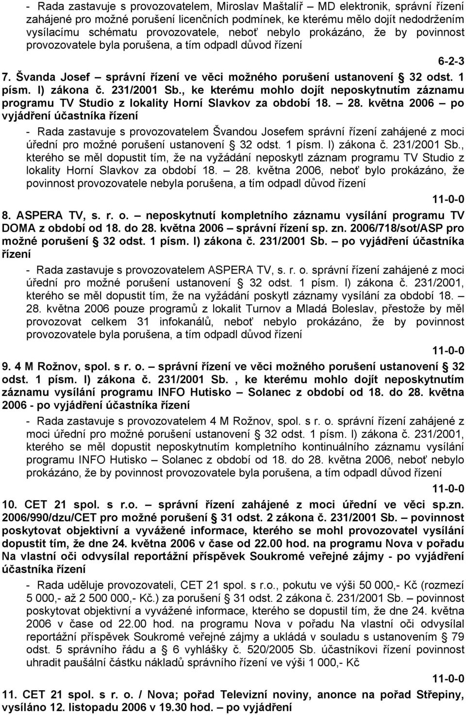 l) zákona č. 231/2001 Sb., ke kterému mohlo dojít neposkytnutím záznamu programu TV Studio z lokality Horní Slavkov za období 18. 28.