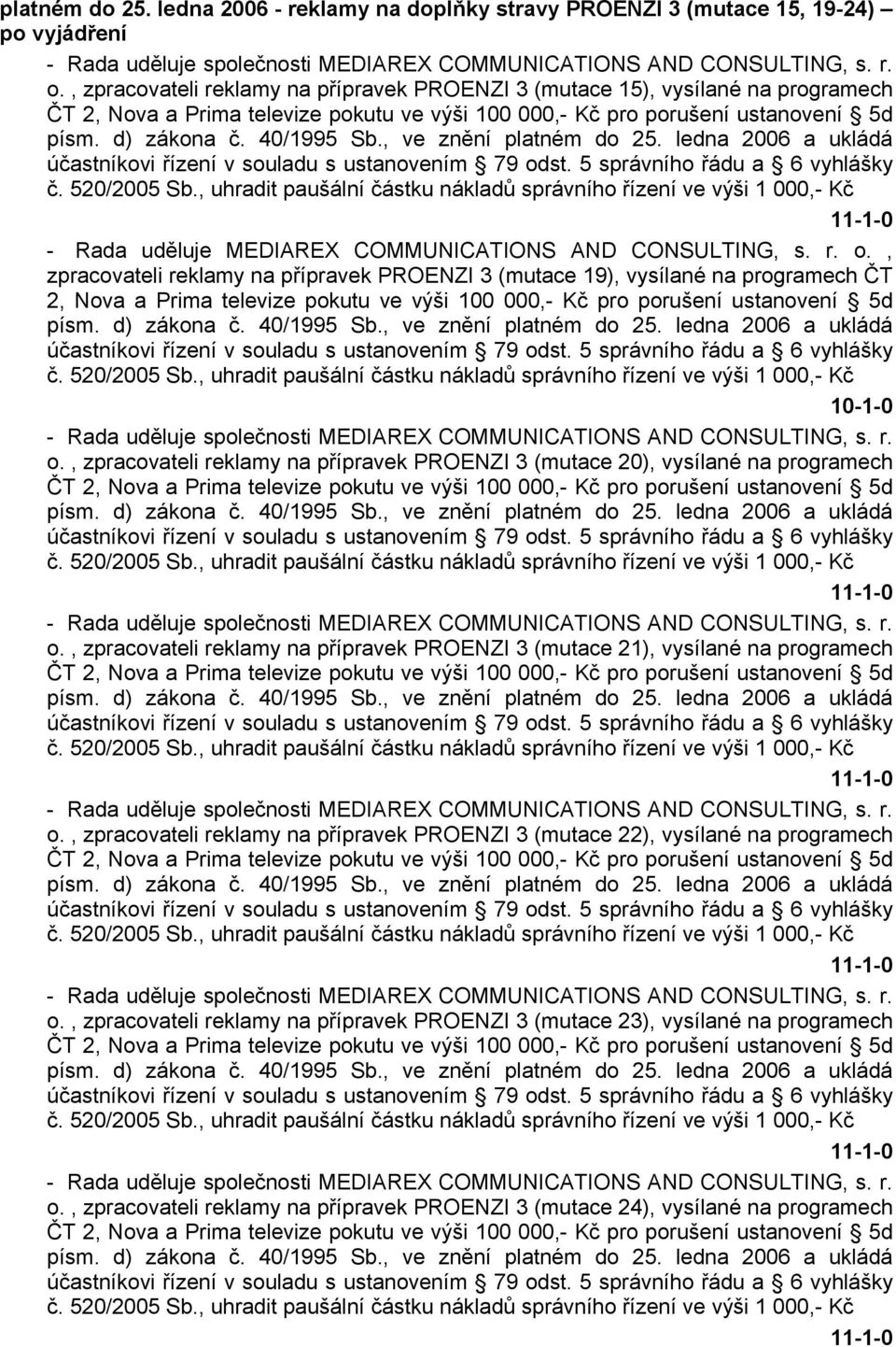 , ve znění platném do 25. ledna 2006 a ukládá č. 520/2005 Sb., uhradit paušální částku nákladů - Rada uděluje MEDIAREX COMMUNICATIONS AND CONSULTING, s. r. o.