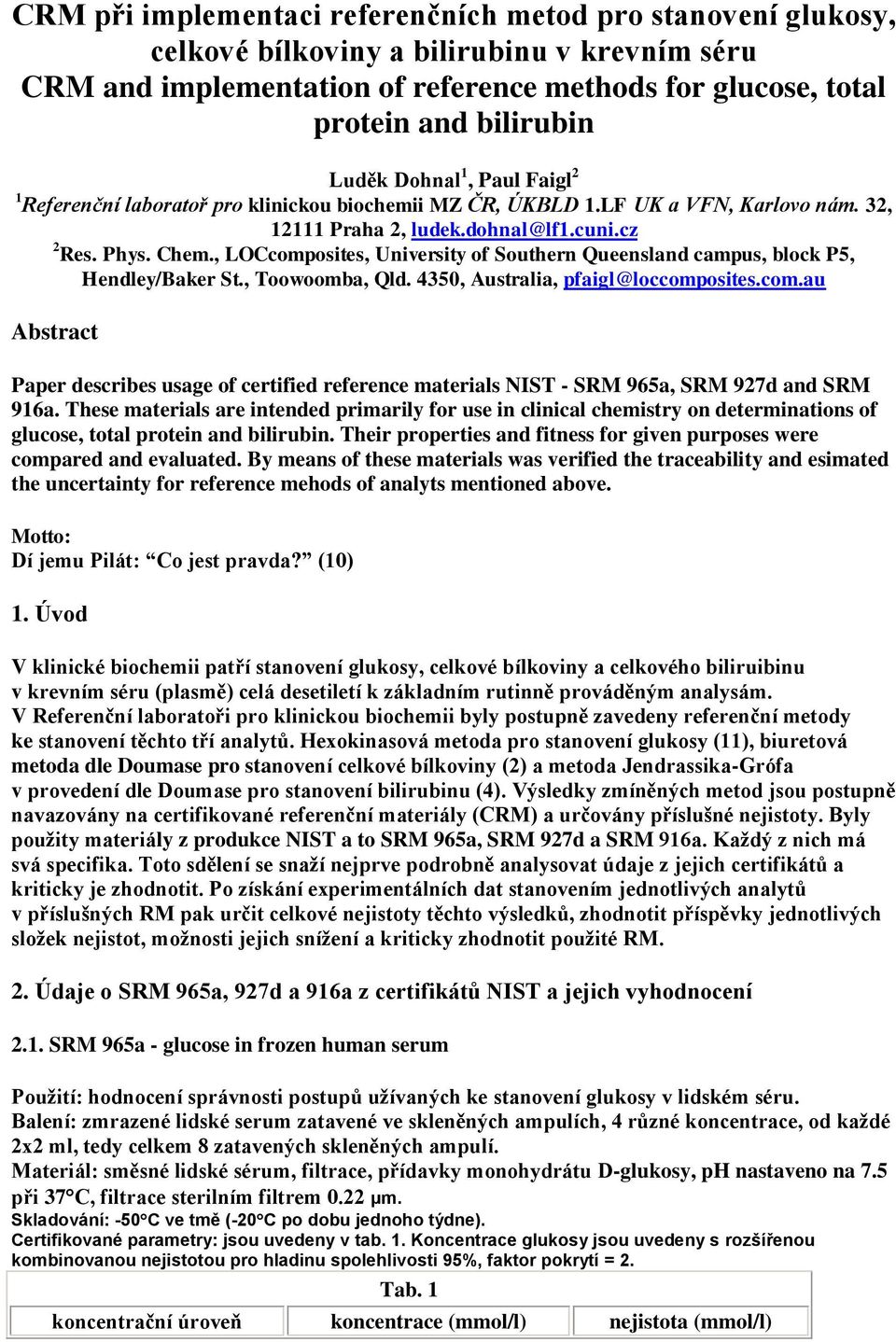 , LOCcomposites, University of Southern Queensland campus, block P5, Hendley/Baker St., Toowoomba, Qld. 4350, Australia, pfaigl@loccomposites.com.au Abstract Paper describes usage of certified reference materials NIST - SRM 965a, SRM 927d and SRM 916a.