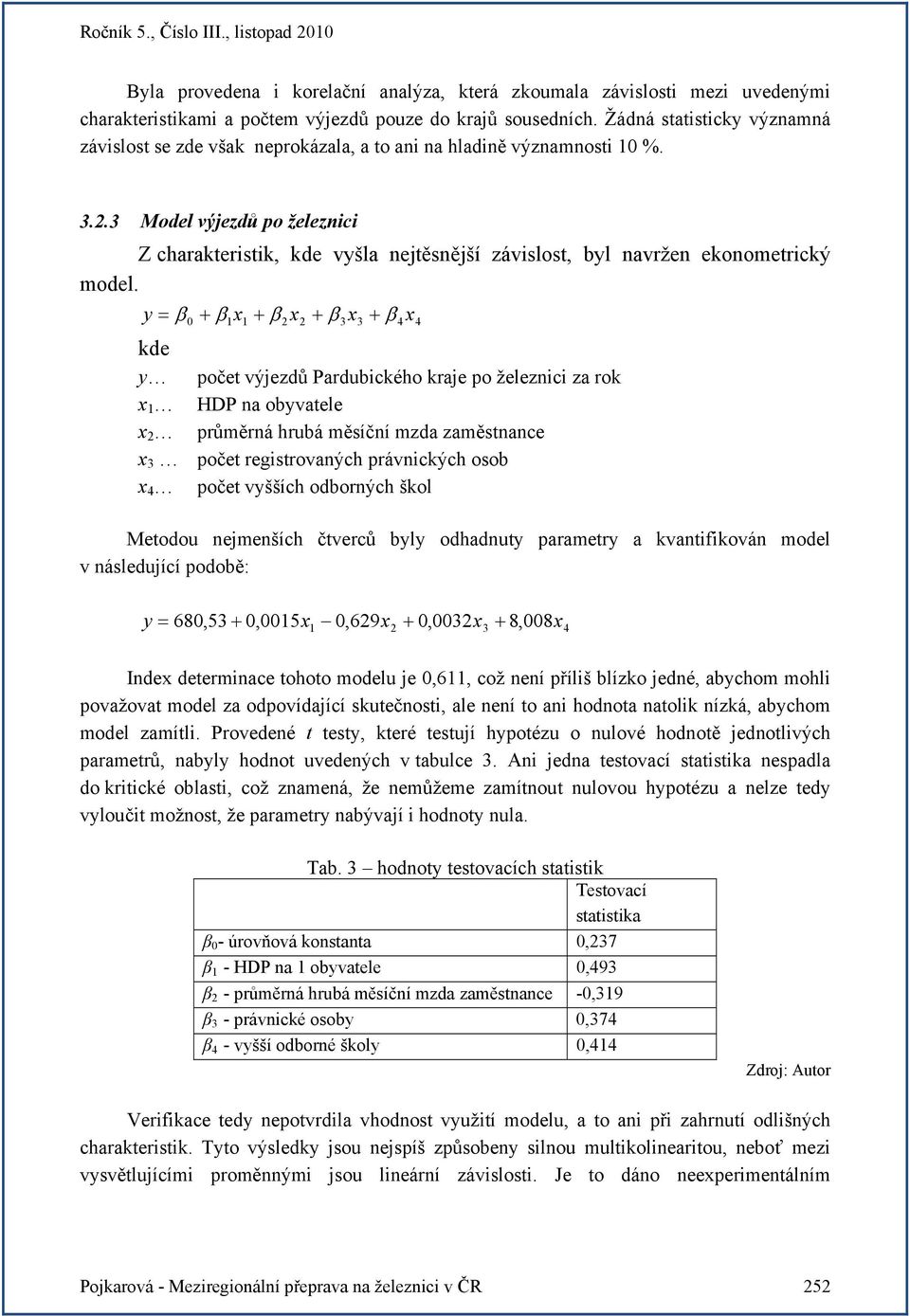 .3 Model výjezdů po železnici Z charakteristik, kde vyšla nejtěsnější závislost, byl navržen ekonometrický model.