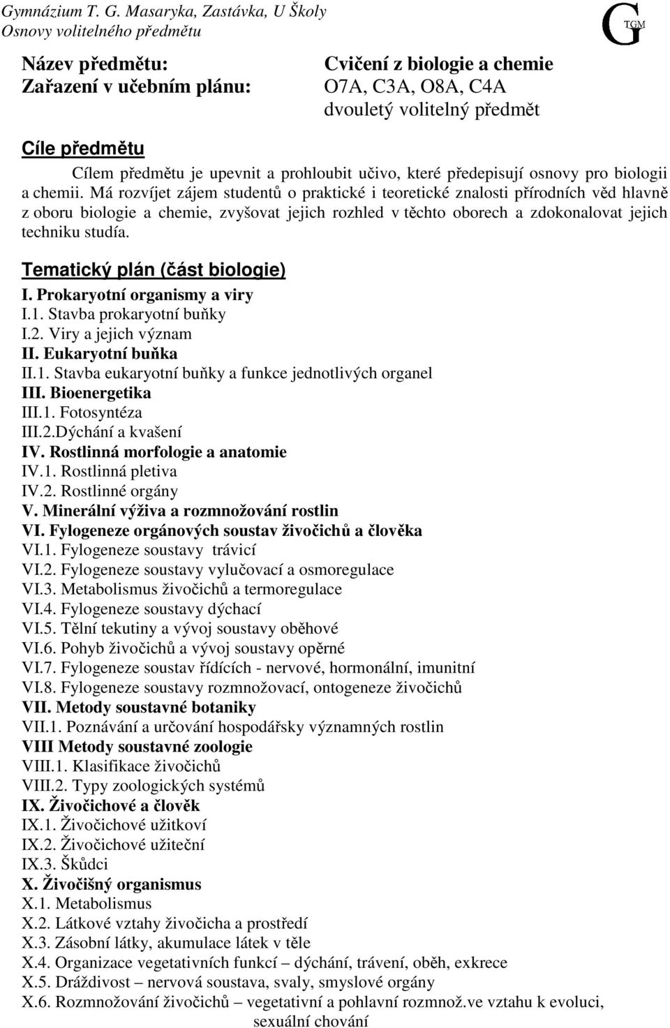 Má rozvíjet zájem studentů o praktické i teoretické znalosti přírodních věd hlavně z oboru biologie a chemie, zvyšovat jejich rozhled v těchto oborech a zdokonalovat jejich techniku studía.