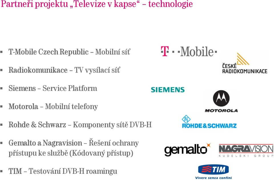 Mobilní telefony Rohde & Schwarz Komponenty sítě DVB-H Gemalto a Nagravision