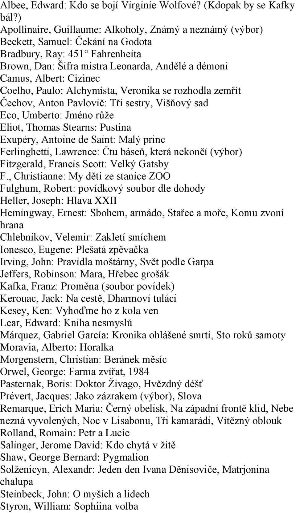 Coelho, Paulo: Alchymista, Veronika se rozhodla zemřít Čechov, Anton Pavlovič: Tři sestry, Višňový sad Eco, Umberto: Jméno růže Eliot, Thomas Stearns: Pustina Exupéry, Antoine de Saint: Malý princ