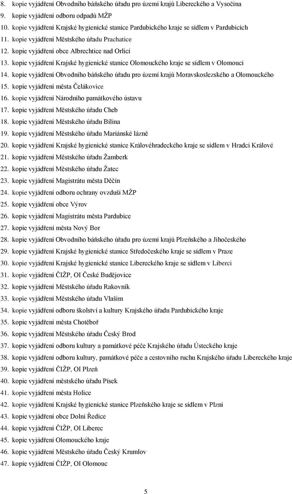 kopie vyjádření Krajské hygienické stanice Olomouckého kraje se sídlem v Olomouci 14. kopie vyjádření Obvodního báňského úřadu pro území krajů Moravskoslezského a Olomouckého 15.