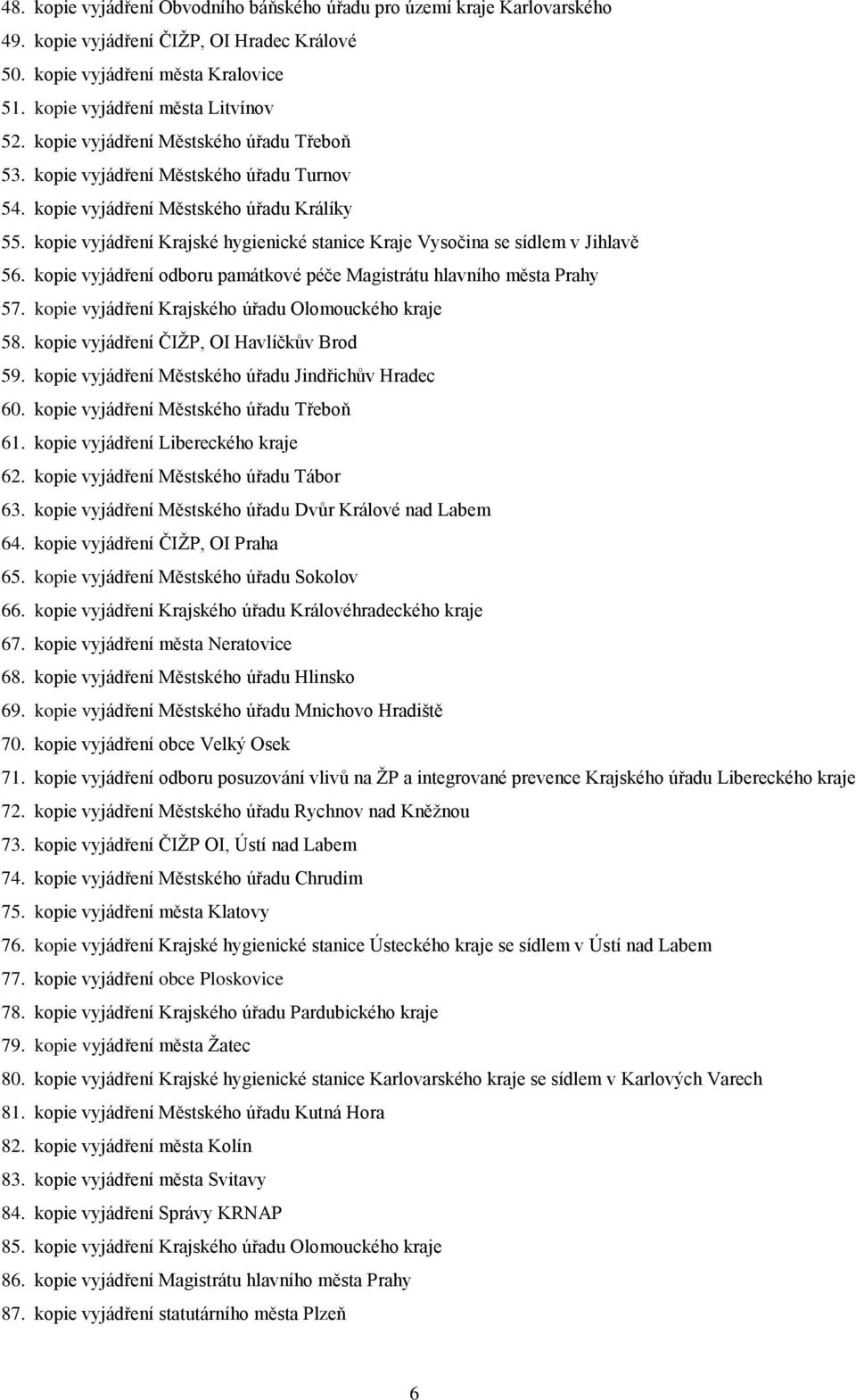 kopie vyjádření Krajské hygienické stanice Kraje Vysočina se sídlem v Jihlavě 56. kopie vyjádření odboru památkové péče Magistrátu hlavního města Prahy 57.