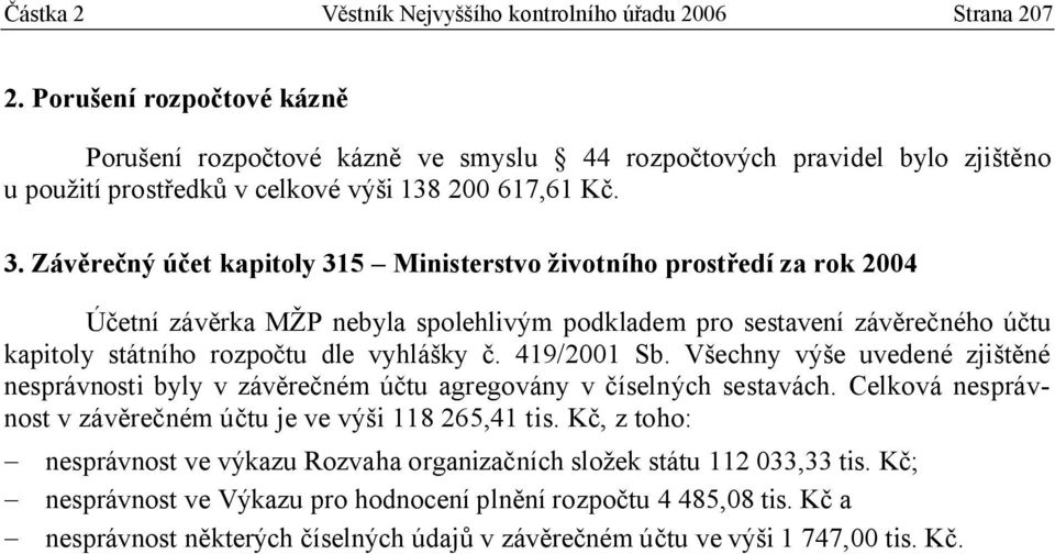 Závěrečný účet kapitoly 315 Ministerstvo životního prostředí za rok 2004 Účetní závěrka MŽP nebyla spolehlivým podkladem pro sestavení závěrečného účtu kapitoly státního rozpočtu dle vyhlášky č.