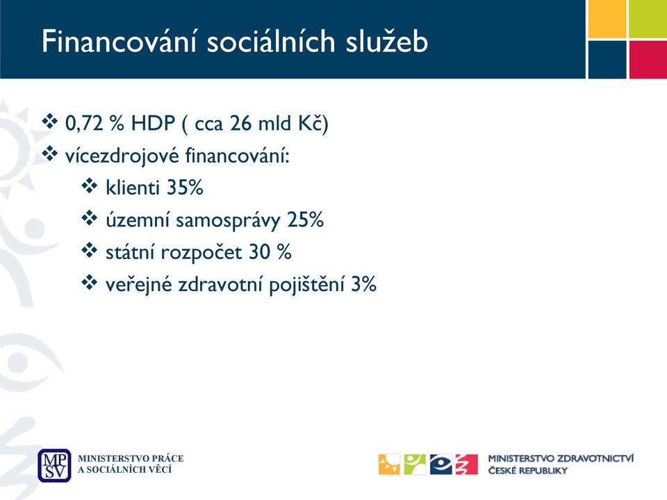 územní samosprávy 25% státní rozpočet 30 % veřejné