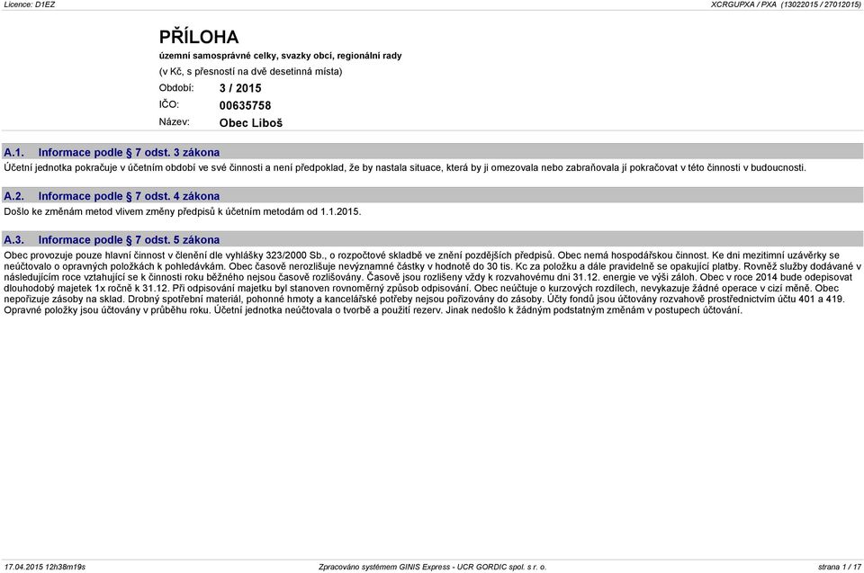 budoucnosti. A.2. Informace podle 7 odst. 4 zákona Došlo ke změnám metod vlivem změny předpisů k účetním metodám od 1.1.2015. A.3. Informace podle 7 odst. 5 zákona Obec provozuje pouze hlavní činnost v členění dle vyhlášky 323/2000 Sb.