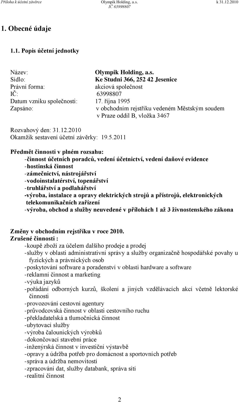 Zapsáno: v obchodním rejstříku vedeném Městským soudem v Praze oddíl B, vložka 3467 Rozvahový den: 31.12.2010 Okamžik sestavení účetní závěrky: 19.5.