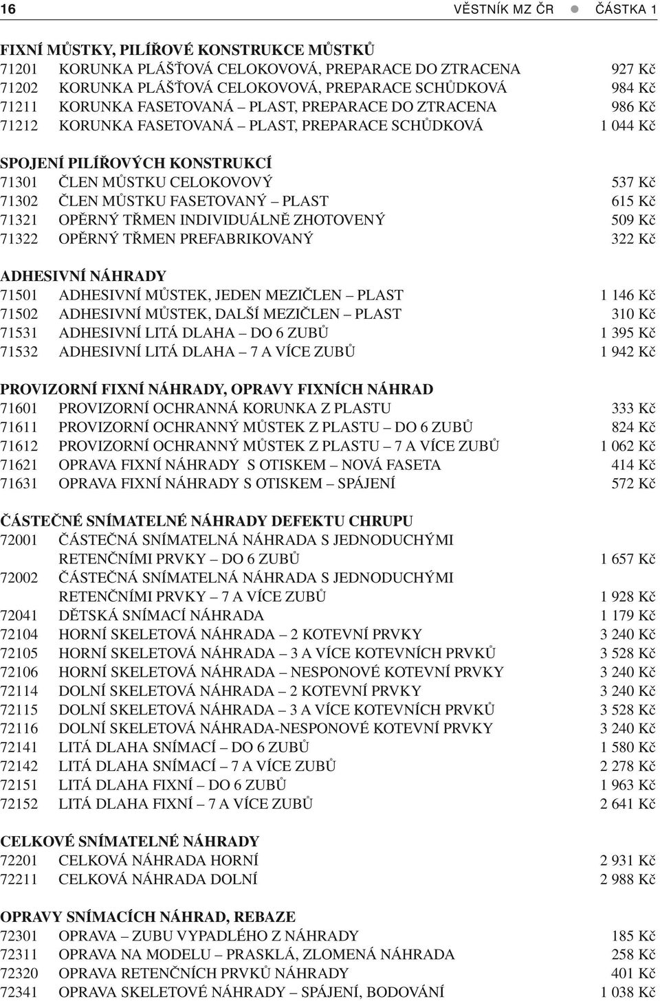 FASETOVANÝ PLAST 615 Kč 71321 OPĚRNÝ TŘMEN INDIVIDUÁLNĚ ZHOTOVENÝ 509 Kč 71322 OPĚRNÝ TŘMEN PREFABRIKOVANÝ 322 Kč ADHESIVNÍ NÁHRADY 71501 ADHESIVNÍ MŮSTEK, JEDEN MEZIČLEN PLAST 1 146 Kč 71502