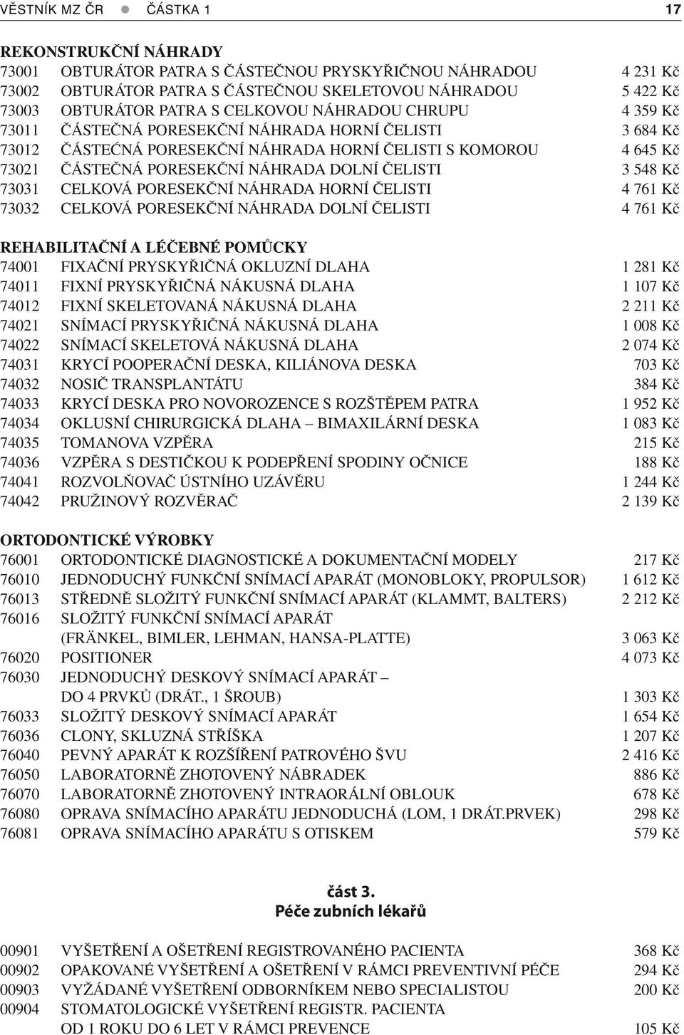 ČELISTI 3 548 Kč 73031 CELKOVÁ PORESEKČNÍ NÁHRADA HORNÍ ČELISTI 4 761 Kč 73032 CELKOVÁ PORESEKČNÍ NÁHRADA DOLNÍ ČELISTI 4 761 Kč REHABILITAČNÍ A LÉČEBNÉ POMŮCKY 74001 FIXAČNÍ PRYSKYŘIČNÁ OKLUZNÍ