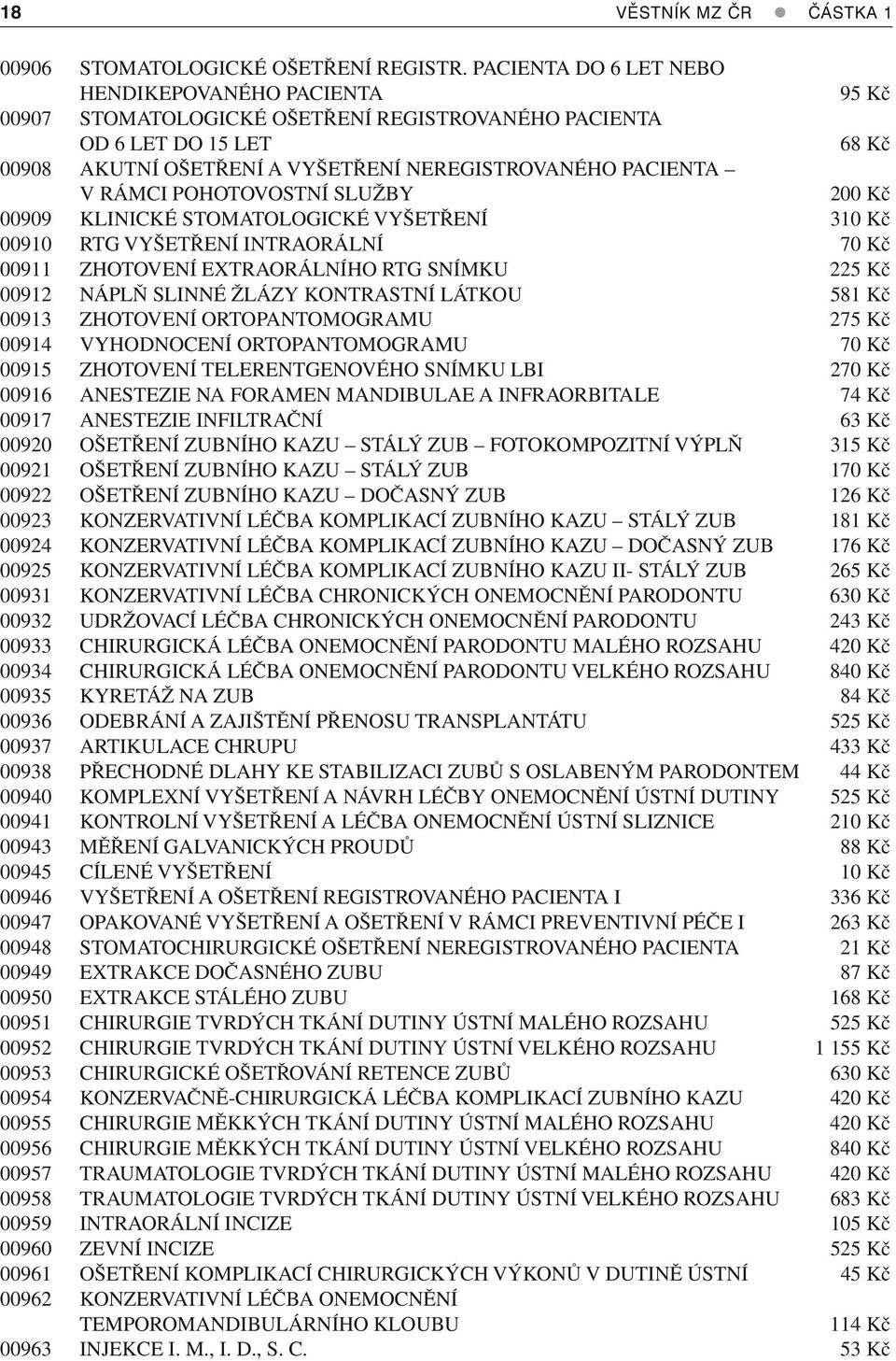 RÁMCI POHOTOVOSTNÍ SLUŽBY 200 Kč 00909 KLINICKÉ STOMATOLOGICKÉ VYŠETŘENÍ 310 Kč 00910 RTG VYŠETŘENÍ INTRAORÁLNÍ 70 Kč 00911 ZHOTOVENÍ EXTRAORÁLNÍHO RTG SNÍMKU 225 Kč 00912 NÁPLŇ SLINNÉ ŽLÁZY