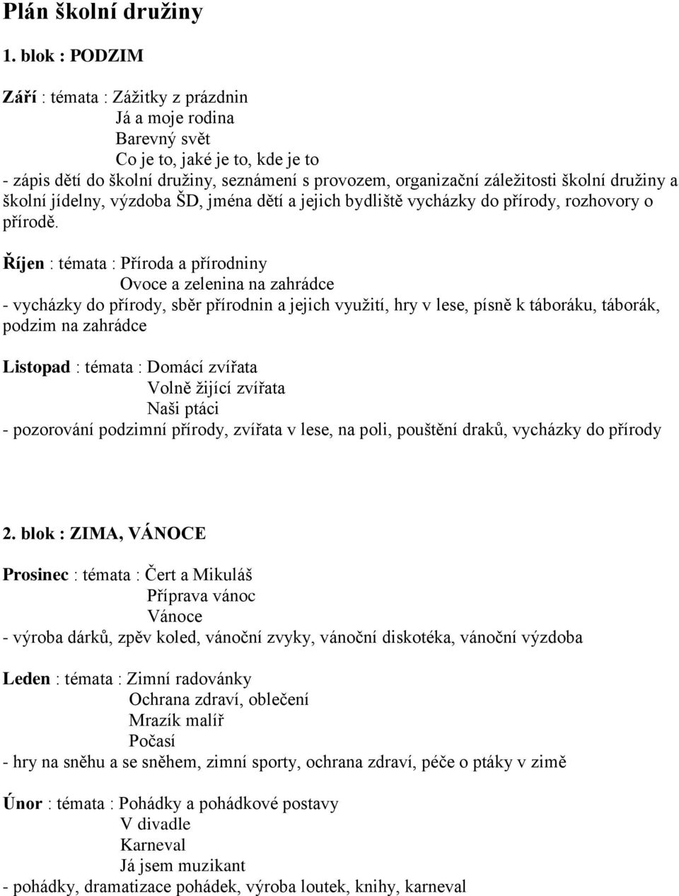 družiny a školní jídelny, výzdoba ŠD, jména dětí a jejich bydliště vycházky do přírody, rozhovory o přírodě.
