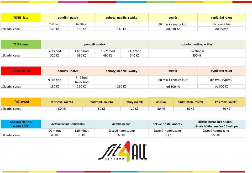 350 Kč BADMINTON pondělí - pátek soboty, neděle, svátky trenér vyplétání raket 9-16 hod 7-9 hod 16-22 hod 180 Kč 260 Kč 260 Kč 60 min + cena za kurt od 300 Kč dle typu výpletu od 300 Kč PŮJČOVÁNÍ