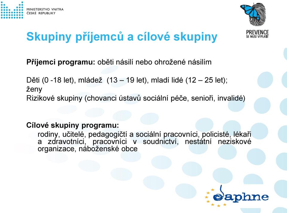 péče, senioři, invalidé) Cílové skupiny programu: rodiny, učitelé, pedagogičtí a sociální