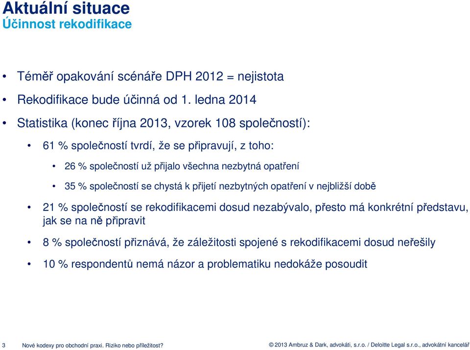 opatření 35 % společností se chystá k přijetí nezbytných opatření v nejbližší době 21 % společností se rekodifikacemi dosud nezabývalo, přesto má konkrétní představu,