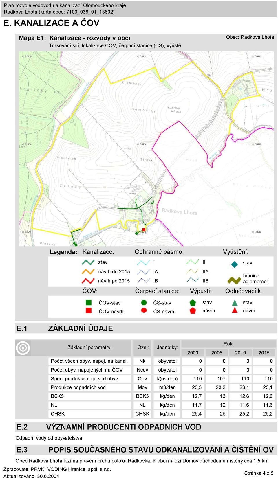 Základní parametry: Ozn.: Jednotky: 2000 2005 2010 2015 Počet všech obyv. napoj. na kanal. Nk obyvatel 0 0 0 0 Počet obyv. napojených na ČOV Ncov obyvatel 0 0 0 0 Spec. produkce odp. vod obyv.