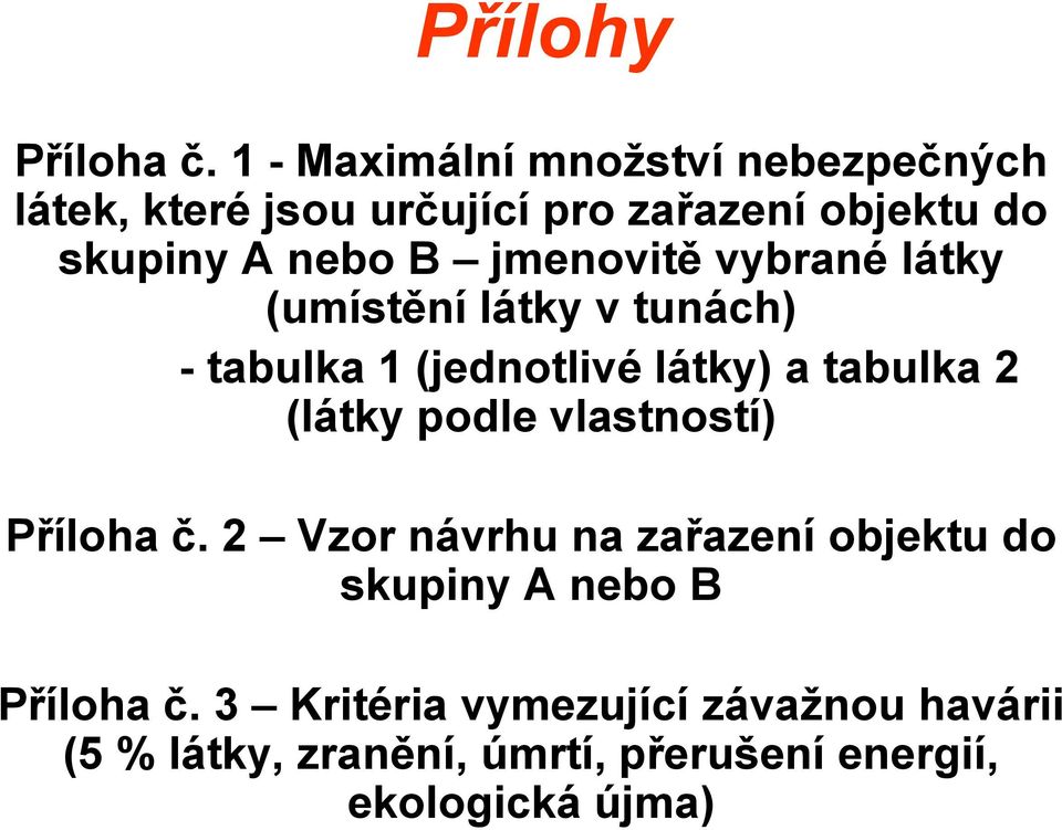 jmenovitě vybrané látky (umístění látky v tunách) - tabulka 1 (jednotlivé látky) a tabulka 2 (látky