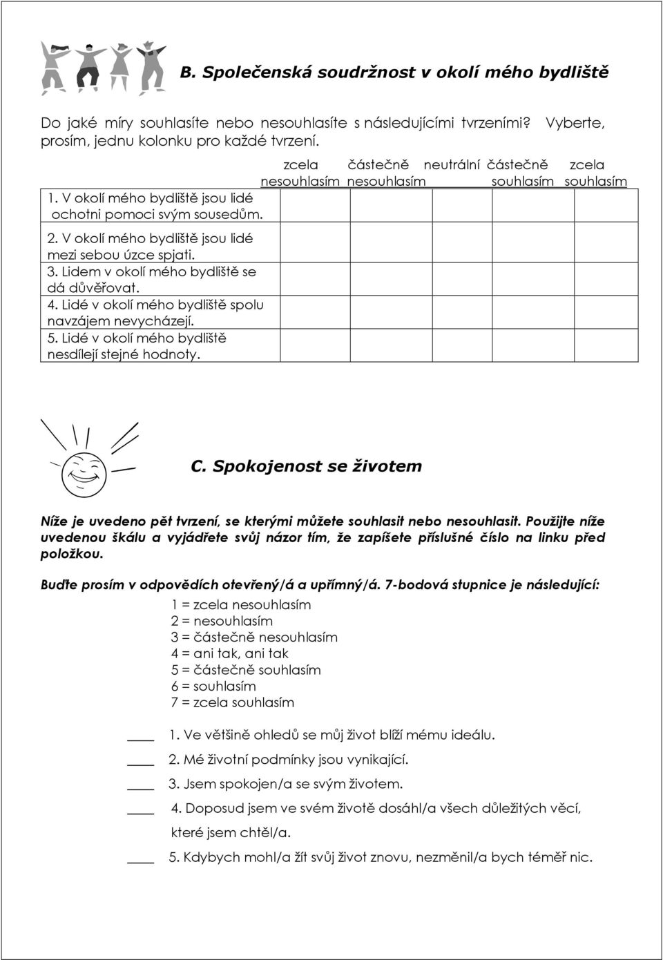 Lidem v okolí mého bydliště se dá důvěřovat. 4. Lidé v okolí mého bydliště spolu navzájem nevycházejí. 5. Lidé v okolí mého bydliště nesdílejí stejné hodnoty. C.