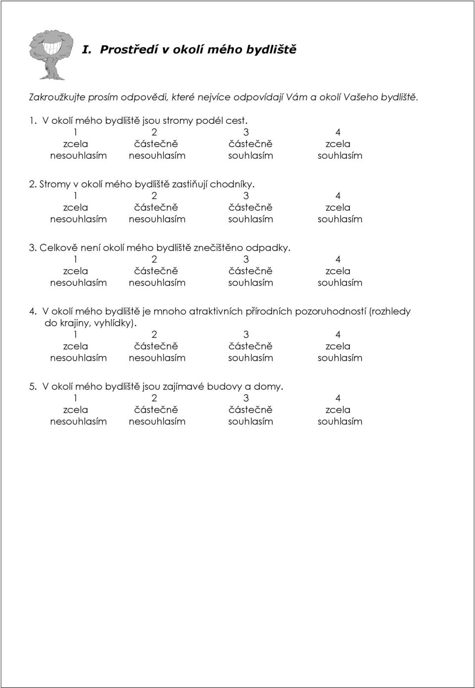 Stromy v okolí mého bydliště zastiňují chodníky. 3. Celkově není okolí mého bydliště znečištěno odpadky. 4.