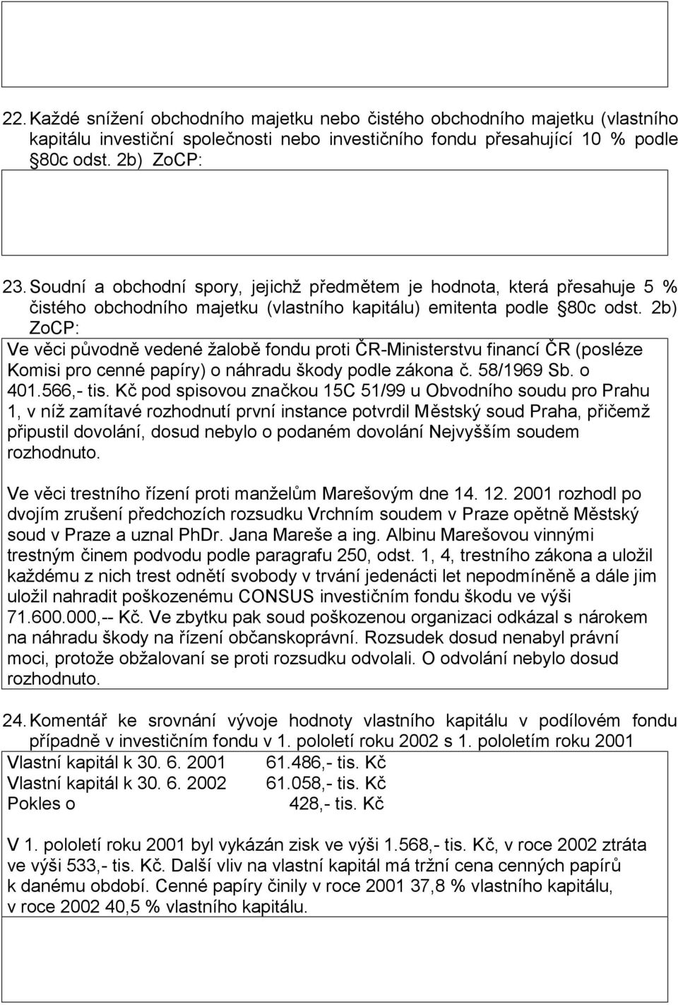 2b) ZoCP: Ve věci původně vedené žalobě fondu proti ČR-Ministerstvu financí ČR (posléze Komisi pro cenné papíry) o náhradu škody podle zákona č. 58/1969 Sb. o 401.566,- tis.