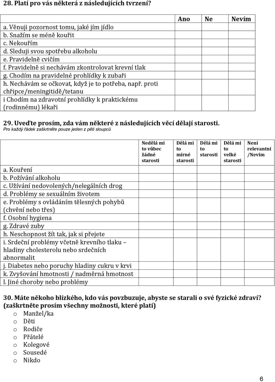 proti chřipce/meningitidě/tetanu i Chodím na zdravotní prohlídky k praktickému (rodinnému) lékaři An Nevím 29. Uveďte prosím, zda vám některé z následujících věcí dělají starosti.