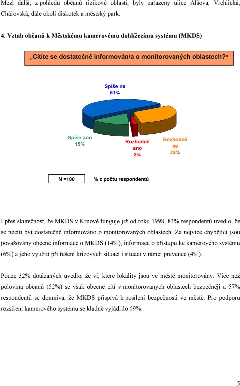 Spíše ne 51% Spíše ano 15% Rozhodně ano 2% Rozhodně ne % I přes skutečnost, že MKDS v Krnově funguje již od roku 1998, 83% respondentů uvedlo, že se necítí být dostatečně informováno o monitorovaných