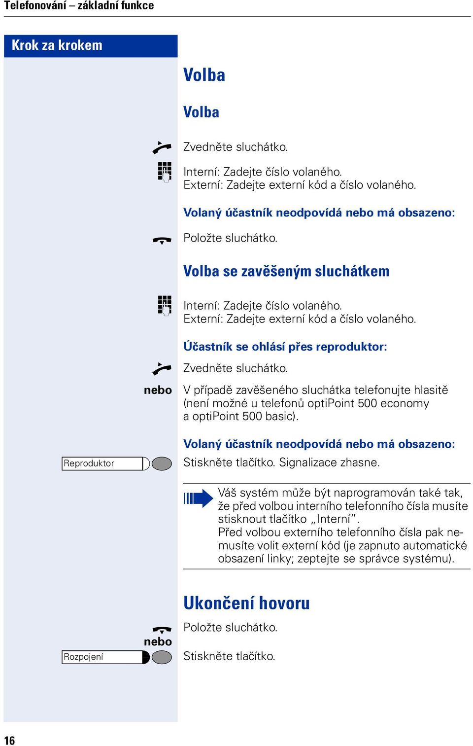 V případě zavěšenéh sluchátka telefnujte hlasitě (není mžné u telefnů ptipint 500 ecnmy a ptipint 500 basic). Reprduktr Vlaný účastník nedpvídá má bsazen: Stiskněte tlačítk. Signalizace zhasne.