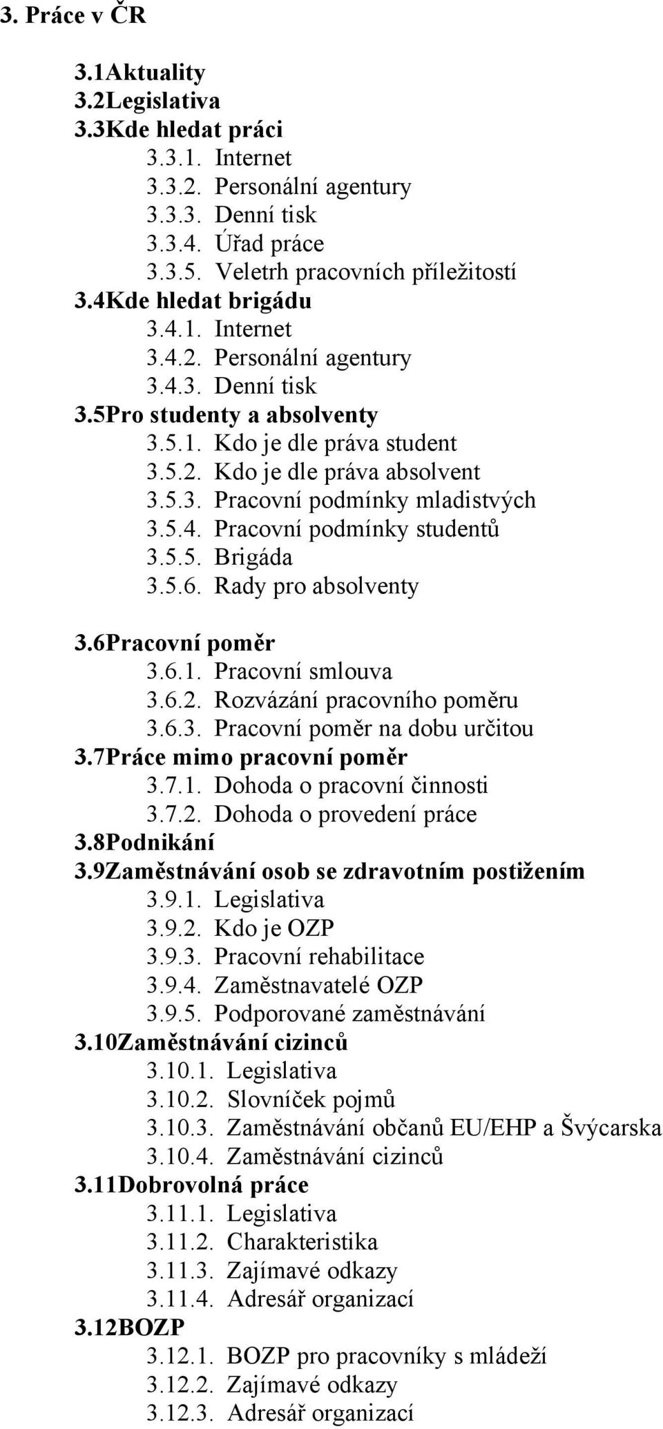 5.4. Pracovní podmínky studentů 3.5.5. Brigáda 3.5.6. Rady pro absolventy 3.6Pracovní poměr 3.6.1. Pracovní smlouva 3.6.2. Rozvázání pracovního poměru 3.6.3. Pracovní poměr na dobu určitou 3.