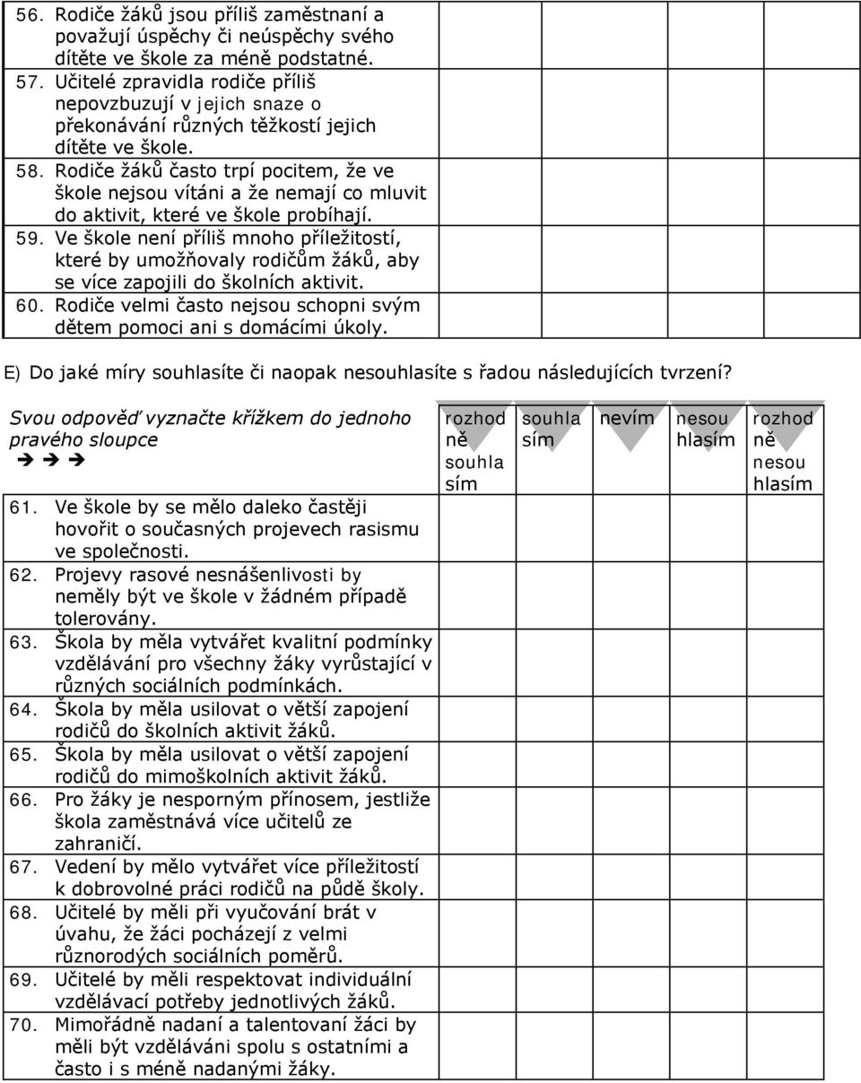 Rodiče ţáků často trpí pocitem, ţe ve škole nejsou vítáni a ţe nemají co mluvit do aktivit, které ve škole probíhají. 59.