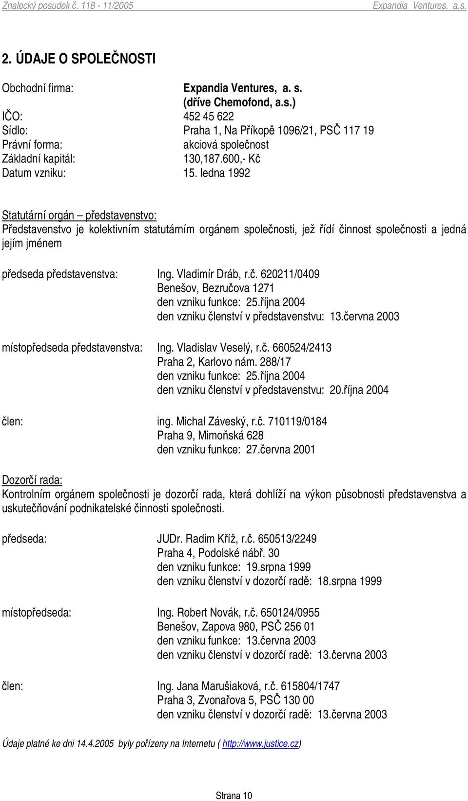 ledna 1992 Statutární orgán pedstavenstvo: Pedstavenstvo je kolektivním statutárním orgánem spolenosti, jež ídí innost spolenosti a jedná jejím jménem pedseda pedstavenstva: Ing. Vladimír Dráb, r.