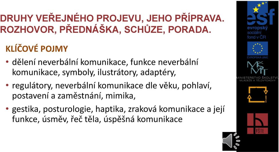 ilustrátory, adaptéry, regulátory, neverbální komunikace dle věku, pohlaví, postavení a