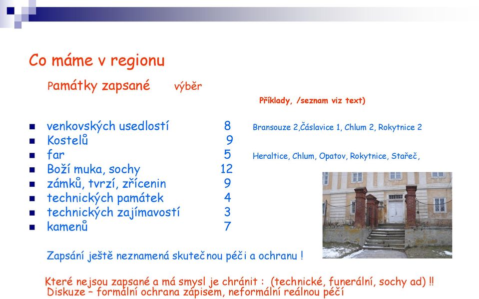 zřícenin 9 technických památek 4 technických zajímavostí 3 kamenů 7 Zapsání ještě neznamená skutečnou péči a ochranu!