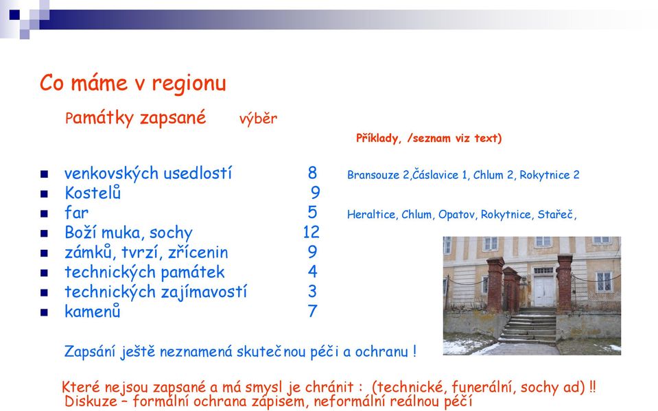 zřícenin 9 technických památek 4 technických zajímavostí 3 kamenů 7 Zapsání ještě neznamená skutečnou péči a ochranu!