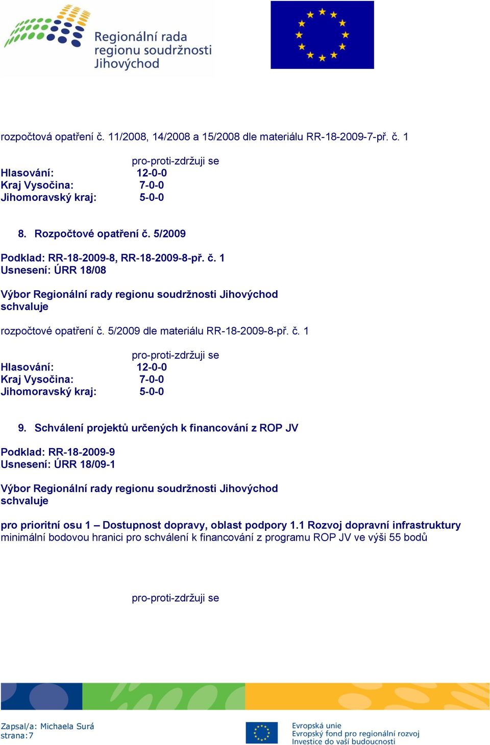 Schválení projektů určených k financování z ROP JV Podklad: RR-18-2009-9 Usnesení: ÚRR 18/09-1 pro prioritní osu 1 Dostupnost dopravy, oblast