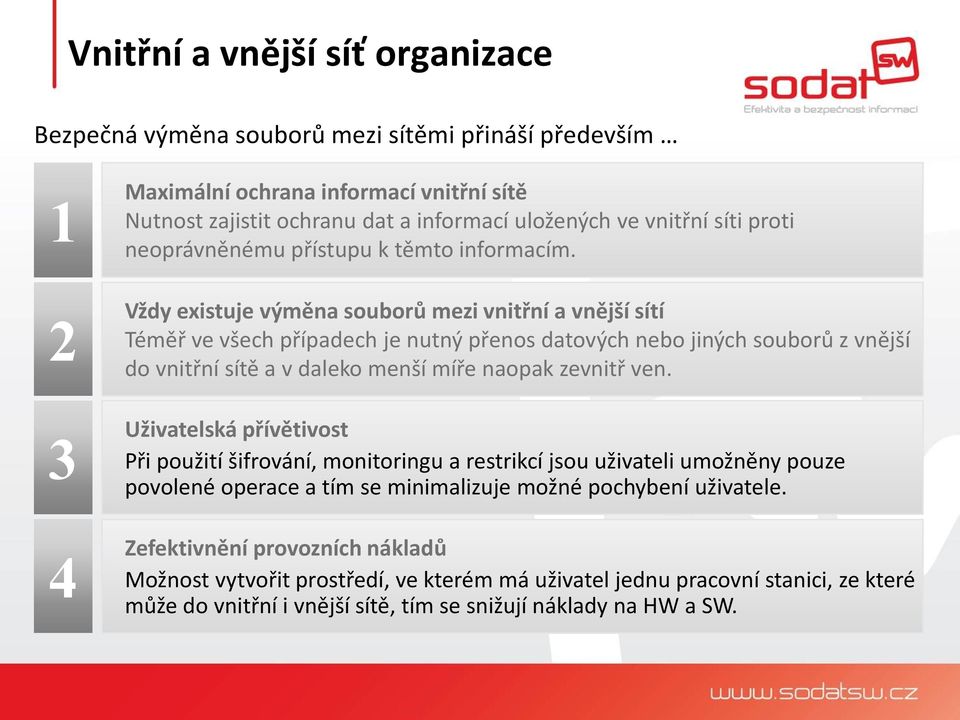 Vždy existuje výměna souborů mezi vnitřní a vnější sítí Téměř ve všech případech je nutný přenos datových nebo jiných souborů z vnější do vnitřní sítě a v daleko menší míře naopak zevnitř ven.