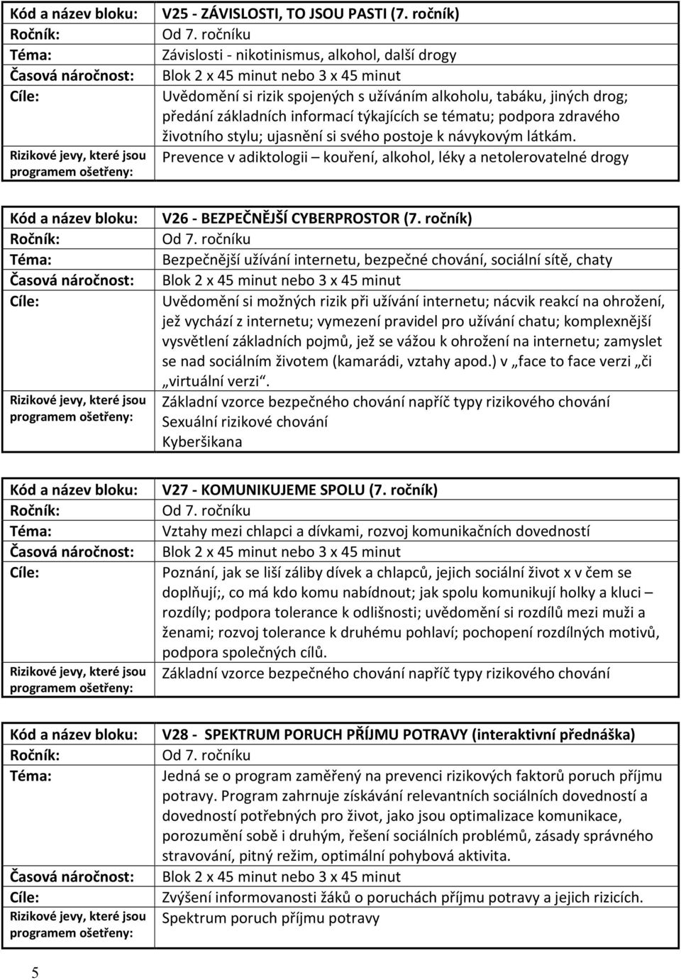 zdravého životního stylu; ujasnění si svého postoje k návykovým látkám. Prevence v adiktologii kouření, alkohol, léky a netolerovatelné drogy Kód a název bloku: V26 - BEZPEČNĚJŠÍ CYBERPROSTOR (7.