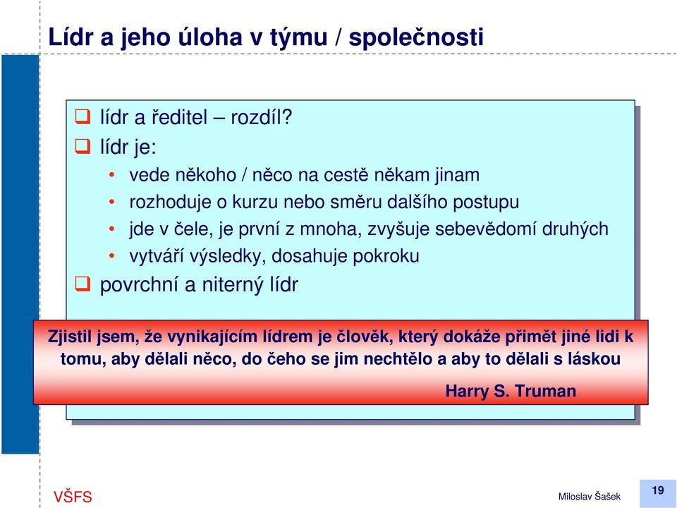 čele, je je první z mnoha, zvyšuje sebevědomí druhých vytváří výsledky, dosahuje pokroku povrchní a niterný lídr