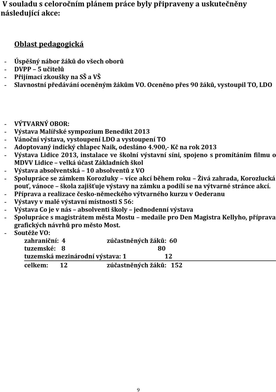 Oceněno přes 90 žáků, vystoupil TO, LDO - VÝTVARNÝ OBOR: - Výstava Malířské sympozium Benedikt 2013 - Vánoční výstava, vystoupení LDO a vystoupení TO - Adoptovaný indický chlapec Naik, odesláno 4.