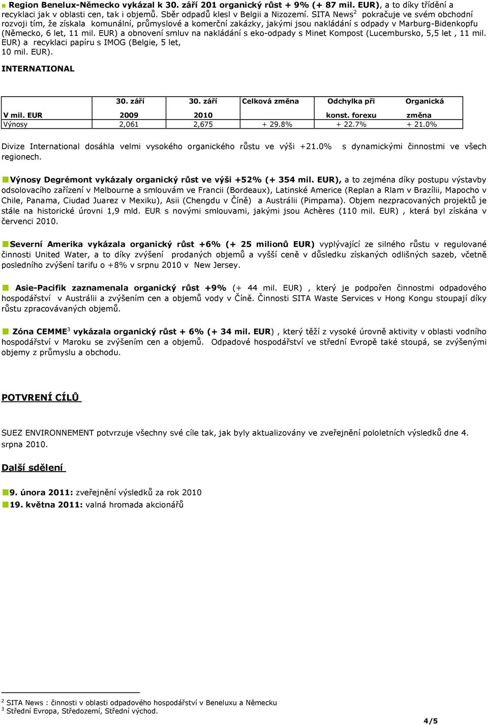 EUR) a obnovení smluv na nakládání s eko-odpady s Minet Kompost (Lucembursko, 5,5 let, 11 mil. EUR) a recyklaci papíru s IMOG (Belgie, 5 let, 10 mil. EUR). INTERNATIONAL 30. září 30.