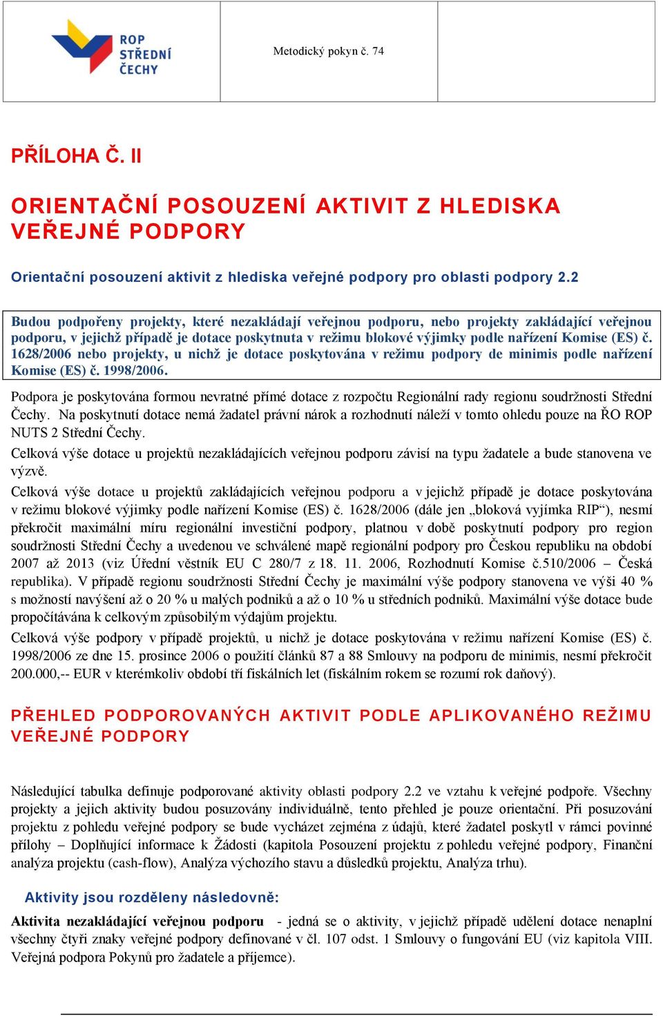 č. 1628/2006 nebo projekty, u nichž je dotace poskytována v režimu podpory de minimis podle nařízení Komise (ES) č. 1998/2006.