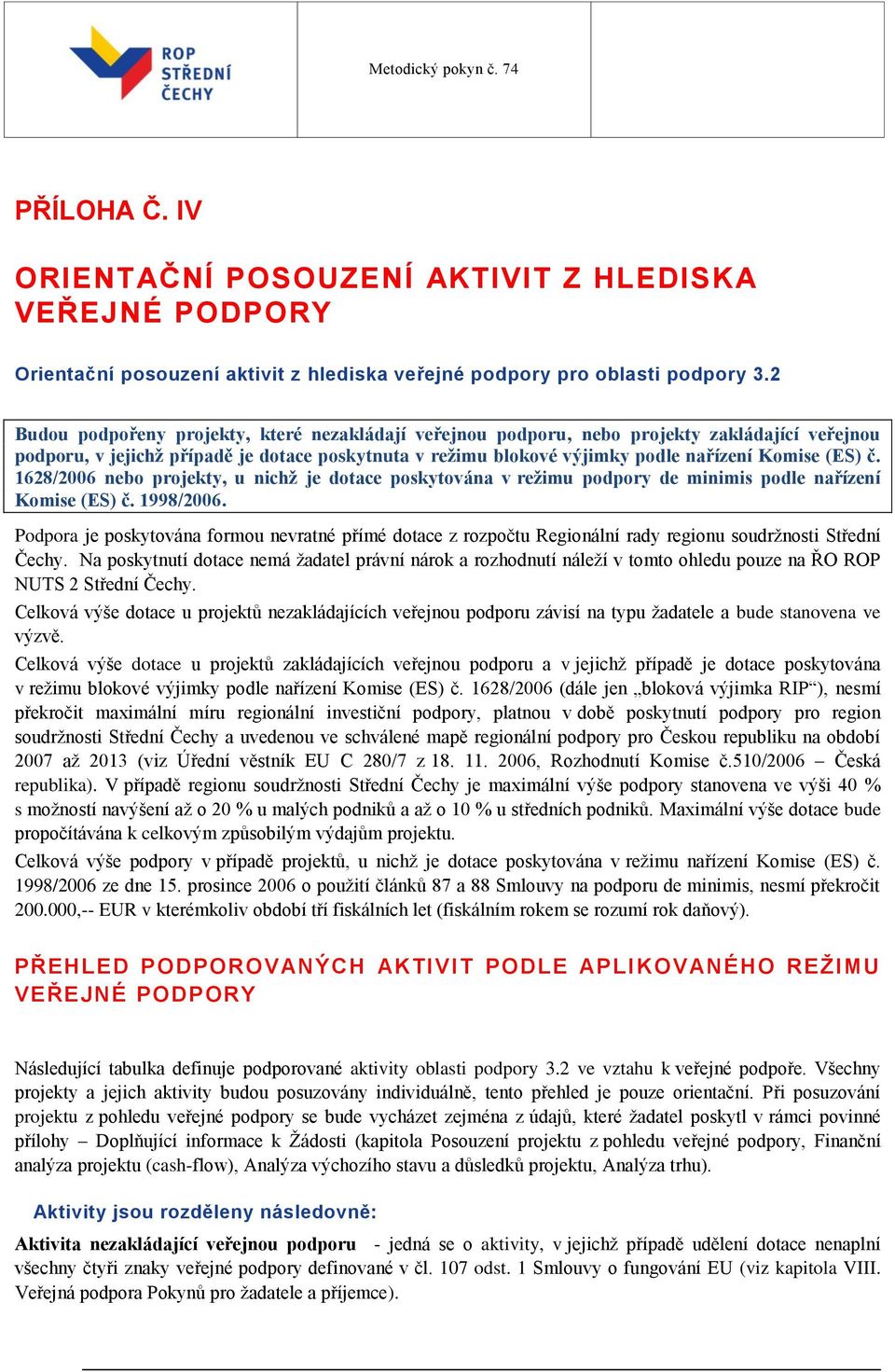 č. 1628/2006 nebo projekty, u nichž je dotace poskytována v režimu podpory de minimis podle nařízení Komise (ES) č. 1998/2006.