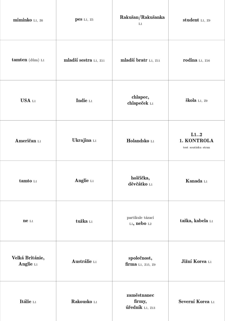 KONTROLA test soutisku stran tamto L1 Anglie L1 holčička, děvčátko L1 Kanada L1 ne L1 tužka L1 partikule tázací L1, nebo L2 taška,