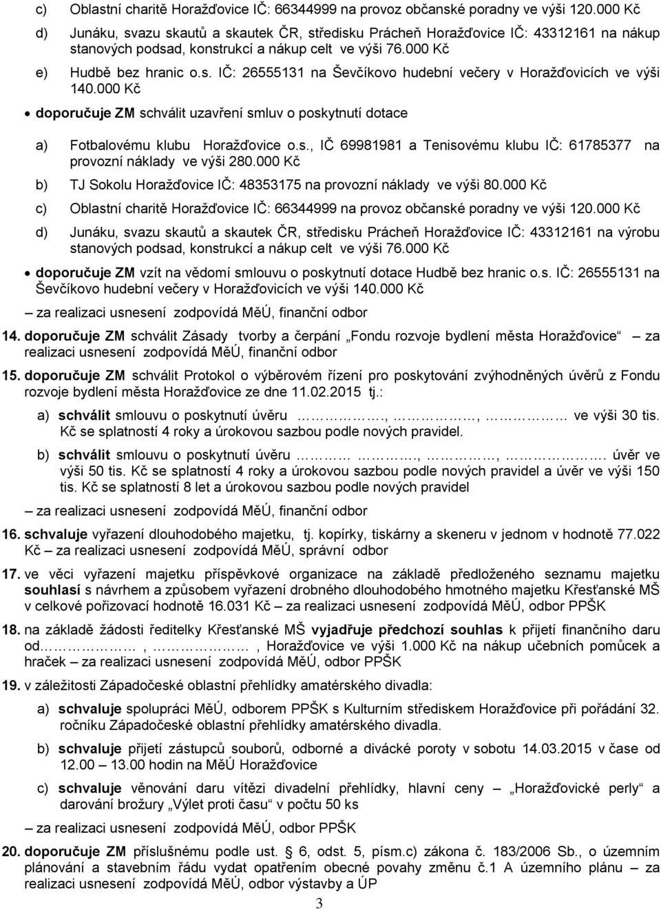 000 Kč doporučuje ZM schválit uzavření smluv o poskytnutí dotace a) Fotbalovému klubu Horažďovice o.s., IČ 69981981 a Tenisovému klubu IČ: 61785377 na provozní náklady ve výši 280.