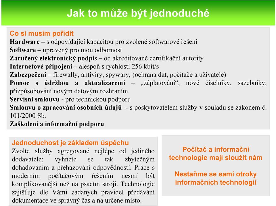 nové číselníky, sazebníky, přizpůsobování novým datovým rozhraním Servisní smlouvu - pro technickou podporu Smlouvu o zpracování osobních údajů - s poskytovatelem služby v souladu se zákonem č.