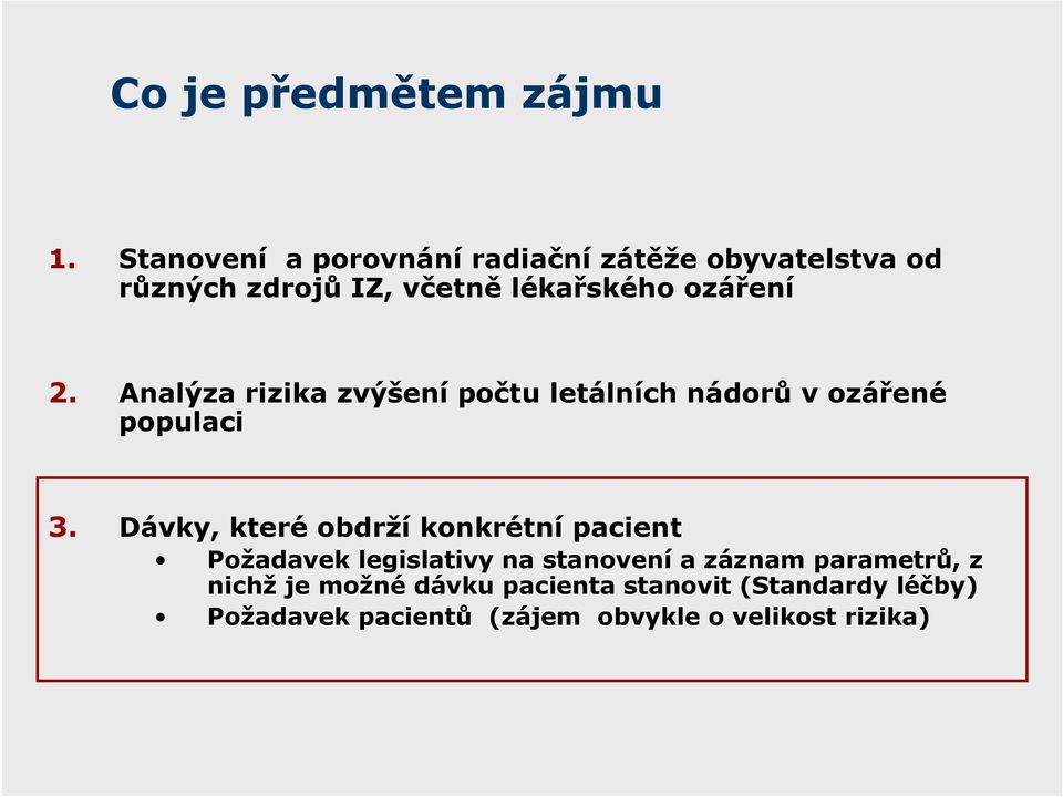 2. Analýza rizika zvýšení počtu letálních nádorů v ozářené populaci 3.